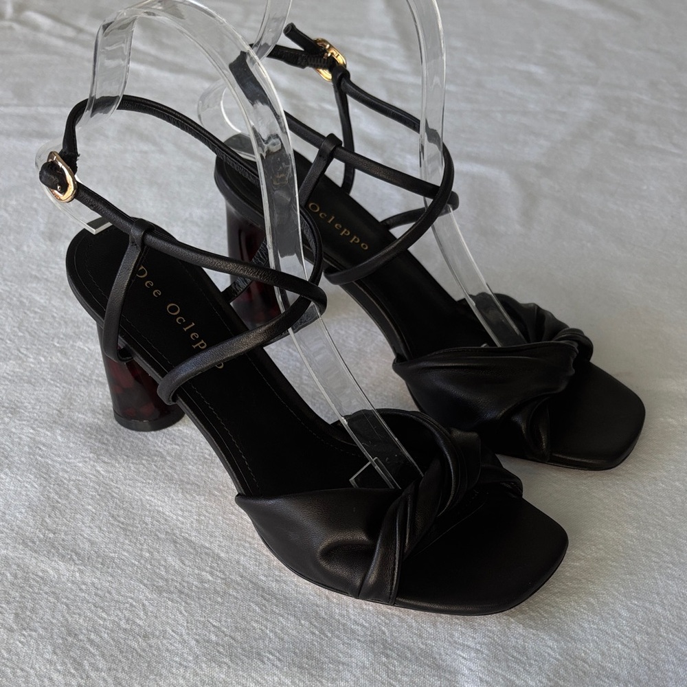 Dee Ocleppo Black Strappy Heels with faux tortoise shell heel